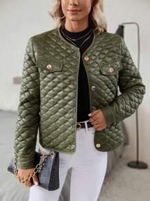 SHEIN Clasi Flap Detail Quilted Coat - Dark Green - View 5