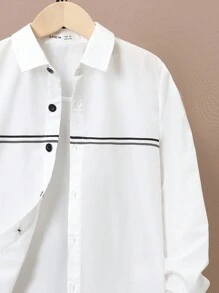 SHEIN Tween Boy Loose Fit Oxford Shoulder Weaving Long Sleeve Shirt - White - View 3