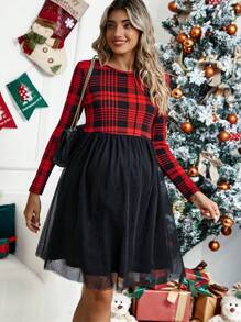 SHEIN Maternity Plaid Print Mesh Hem Dress - Red - View 3