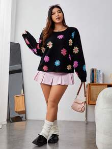 SHEIN Qutie 大碼花卉圖案落肩袖套頭毛衣 - 彩色 - 查看 5