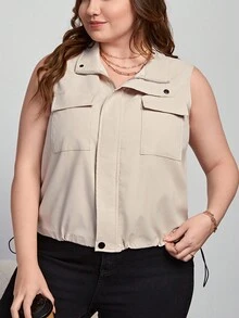 SHEIN Essnce Plus Flap Pocket Drawstring Hem Vest Jacket - Beige - View 5
