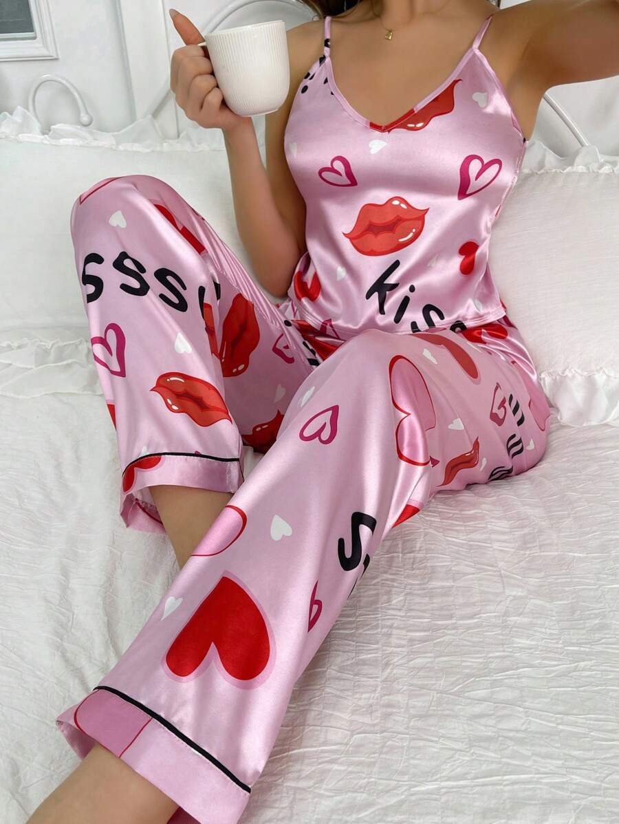 Snug Zone Heart & Letter Graphic Satin Cami Top & Pants PJ Set / Pajama Set - Pink - View 1