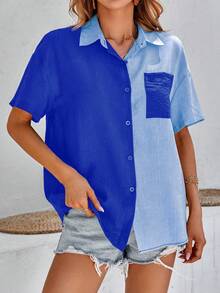 SHEIN VCAY Two Tone Drop Shoulder Patched Pocket Shirt - Royal Blue - View 4