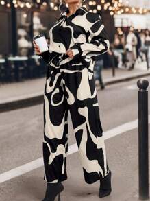 SHEIN LUNE Plus Allover Print Shirt & Wide Leg Pants - Multicolor - View 4