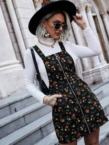 Women's Corduroy Floral Pattern Front Zipper Strap Dress - Multicolor - View 1