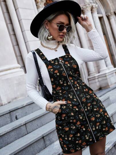 Chiquease Vestido de tiras de pana con estampado floral con cremallera delantera