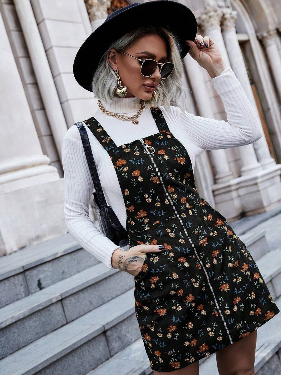 Women's Corduroy Floral Pattern Front Zipper Strap Dress - Multicolor - View 1