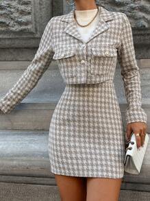 EURMUSE In Houndstooth Cổ áo Crop Blazer & Váy - Hồng - Xem 4