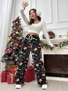 SHEIN Qutie Pantalon Ample Imprimé Noël À Cordon