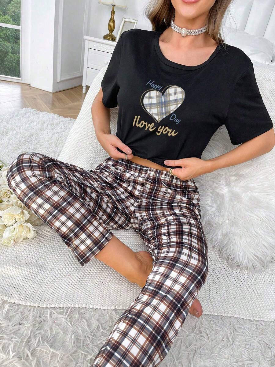 Plaid & Slogan Graphic PJ Set | SHEIN USA