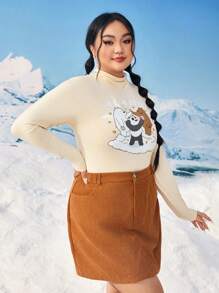 We Bare Bears X SHEIN Hơn Đồ họa Hoạt hình Cổ giả Áo thun - Màu be - Xem 5