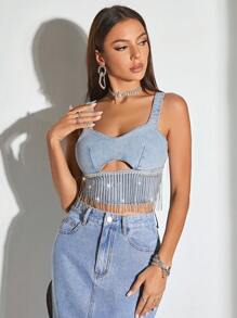 SHEIN BAE 水鑽流蘇下擺前鏤空牛仔上衣 - 藍色 - 查看 1