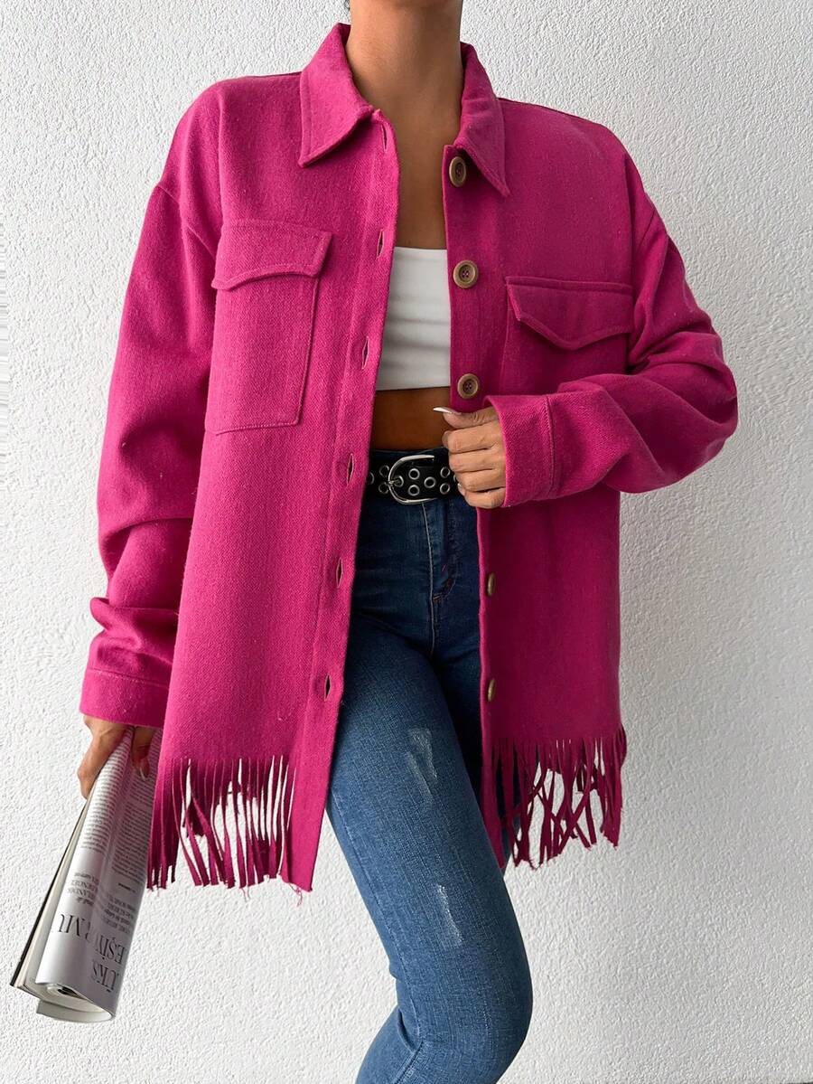 EURMUSE 有蓋口袋落肩流蘇下擺大衣 - 玫紅色 - 查看 1