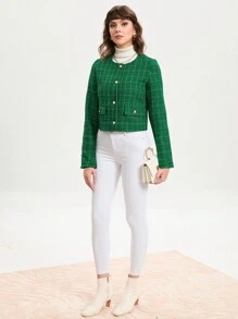 SHEIN BIZwear 格紋印花前紐扣花呢外套 - 綠色 - 查看 6