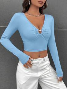 SHEIN EZwear 心环相连褶邊短款T恤