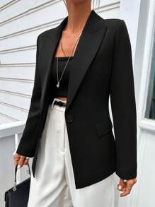 EURMUSE Peak Collar Single Button Blazer - Black - View 1