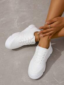 女性鞋新款厚底白色鞋適合春天和秋天,休閒運動鞋,受歡迎爸爸鞋,跑步鞋 - 白色 - 查看 4