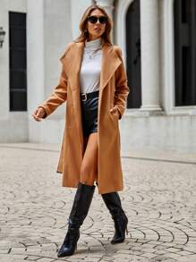 SHEIN Clasi 純色束帶大衣 - 杏色 - 查看 4