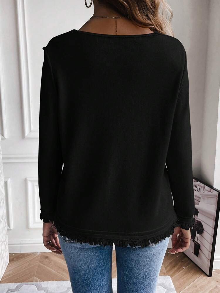 Solid V Neck Raw Hem Knit Pullover Fall Winter Sweater