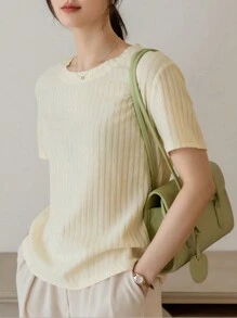 DAZY Gân đan Cổ thuyền viên Áo thun - Màu be - Xem 6