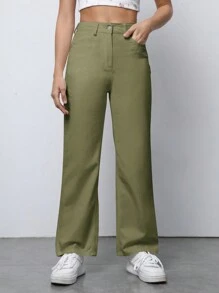 Muchica Solid Straight Leg Pants - Army Green - View 1