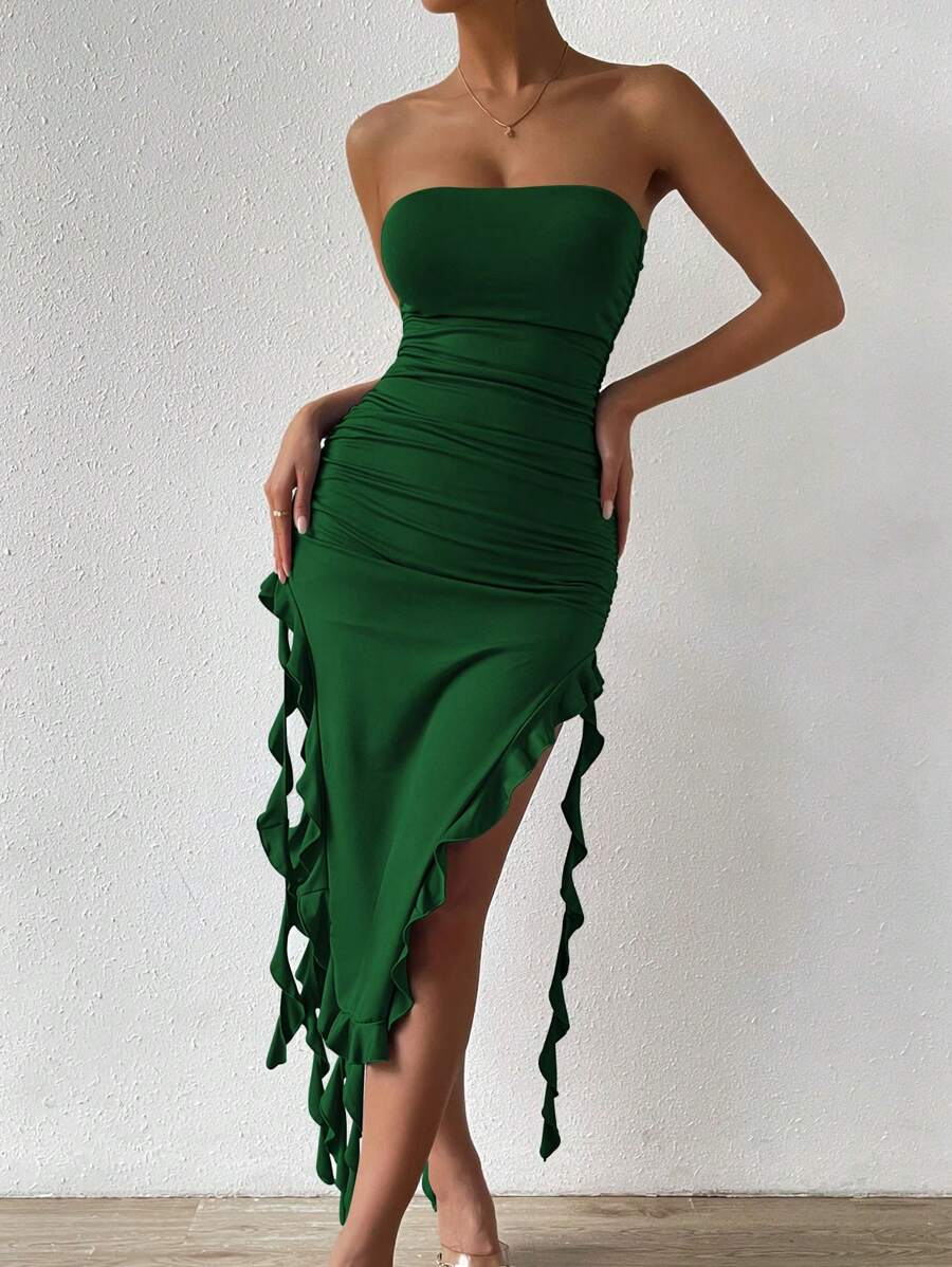 Allurite Xù Viền Ruffle Tách đùi Váy ống - Màu xanh lá cây đậm - Xem 1