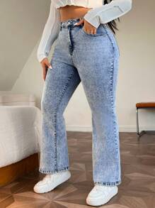 SHEIN EZwear 大碼下擺開叉牛仔喇叭褲 - 藍色 - 查看 3