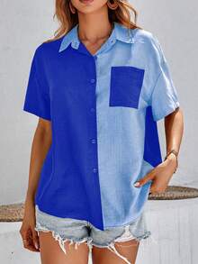 SHEIN VCAY Two Tone Drop Shoulder Patched Pocket Shirt - Royal Blue - View 5