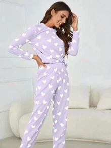 Women's Casual Lilac Heart Print Round Neck Long Sleeve Pajama Set - Mauve Purple - View 5