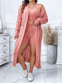 Calvaya Plus Cable Knit Drop Shoulder Cardigan & Knit Top & Knit Shorts - Dusty Pink - View 6
