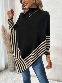 SHEIN Clasi 条纹蝙蝠袖不对称下摆斗篷，秋冬长袖上衣 - 黑色 - 查看 1