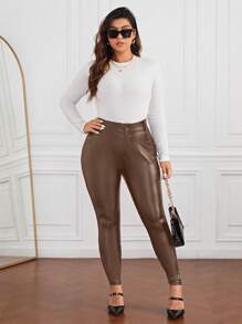 SHEIN Privé 大碼PU皮革緊身褲 - 棕色 - 查看 4