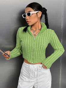 SHEIN Unity 拉鏈開襟短款開衫 - 綠色 - 查看 5