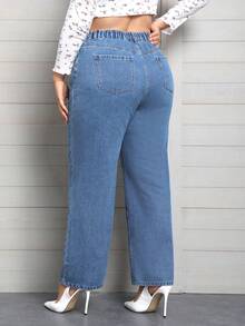 SHEIN Privé Plus High Waist Raw Trim Straight Leg Jeans - Medium Wash - View 2