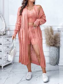 Calvaya Plus Cable Knit Drop Shoulder Cardigan & Knit Top & Knit Shorts - Dusty Pink - View 4