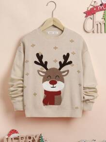 SHEIN Tween Girl Christmas Elk Pattern Drop Shoulder Sweater,In Fall/Winter - Multicolor - View 1