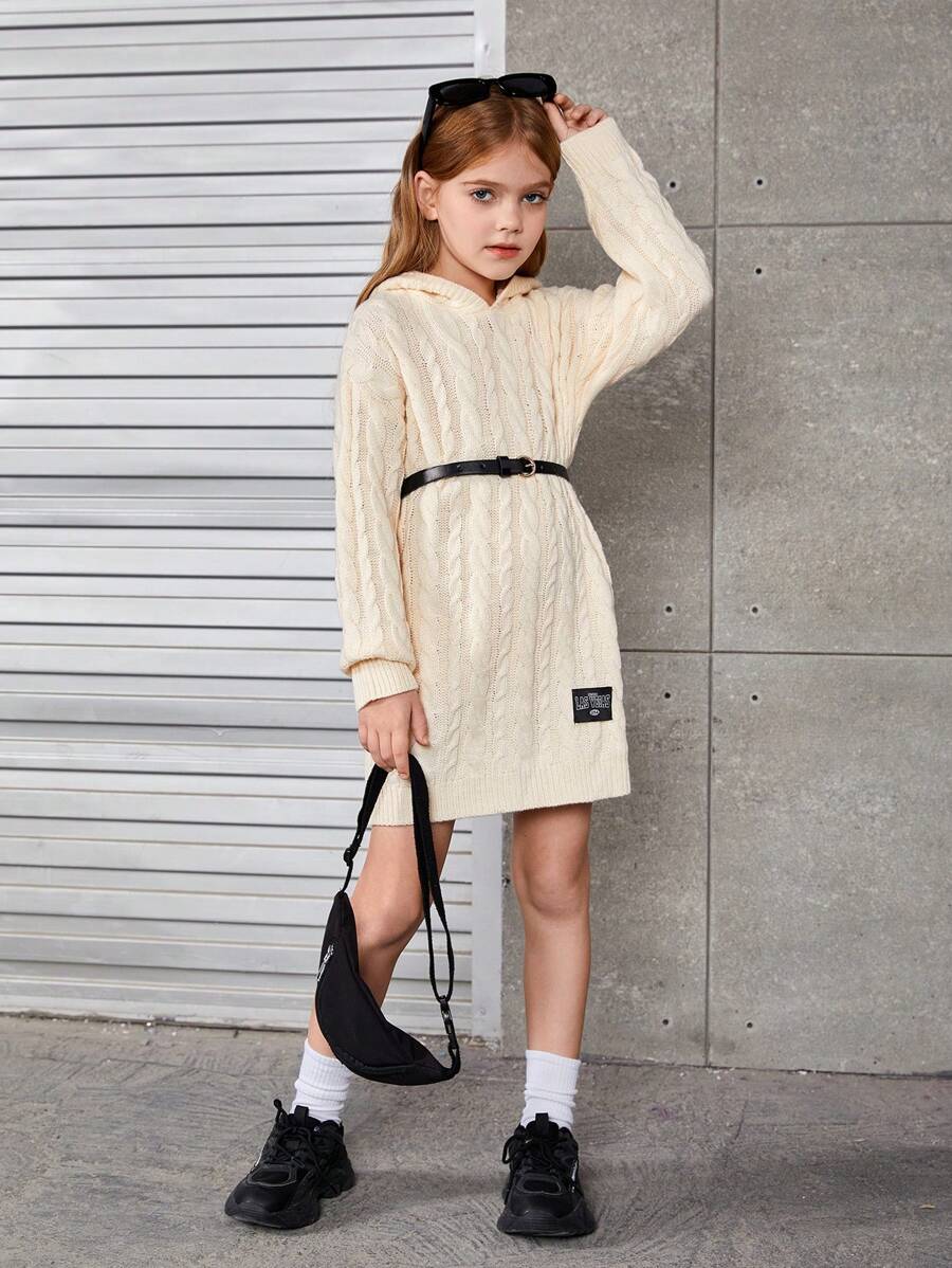 SHEIN 女大童字母補丁細節連帽落肩袖麻花編織連帽洋裝不附腰帶 - 米色 - 查看 1