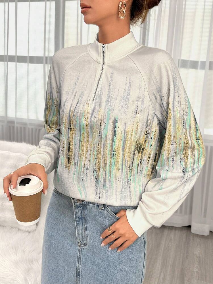 Graphic Print Raglan Sleeve Zip Up Sweatshirt