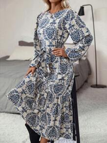 SHEIN Clasi Allover Print Lantern Sleeve Ruffle Hem Belted Dress - Multicolor - View 1