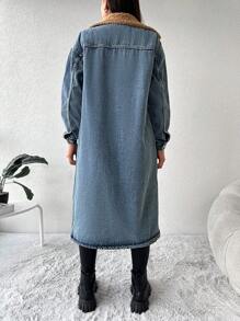 EURMUSE Flap Pocket Teddy Lined Denim Coat - Blue - View 2