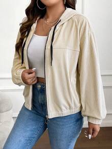 SHEIN Franclia 大碼落肩袖抽繩連帽燈芯絨夾克 - 杏色 - 查看 4