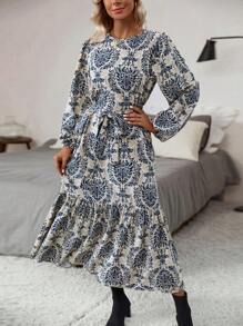 SHEIN Clasi Allover Print Lantern Sleeve Ruffle Hem Belted Dress - Multicolor - View 3