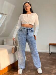 SHEIN EZwear 大碼下擺開叉牛仔喇叭褲 - 藍色 - 查看 4