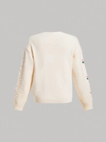 SHEIN MOD Thêu hoa Nút phía trước Áo len Mở - Màu be - Xem 2
