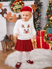 SHEIN Đứa bé gái Nai sừng tấm Giáng sinh Thêu Teddy Áo nỉ & Chân Váy xếp ly & Mũ - trắng - Xem 3