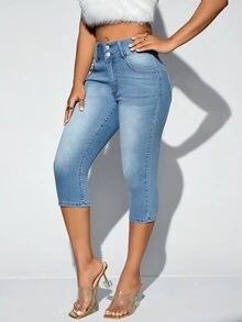 SHEIN SXY High Waist Bleach Wash Skinny Capri Jeans - Light Wash - View 4