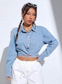 SHEIN EZwear 落肩袖後綁帶短款牛仔上衣 - 淺色水洗藍 - 查看 4