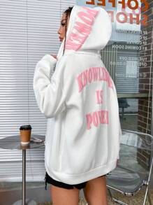 SHEIN Unity 女式休闲字母图案宽松拉链连帽运动衫，秋季 - 白色 - 查看 4