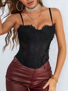 Contrast Mesh Grommet Lace Up Bustier Curved Hem Corset Cami Top - Black - View 1