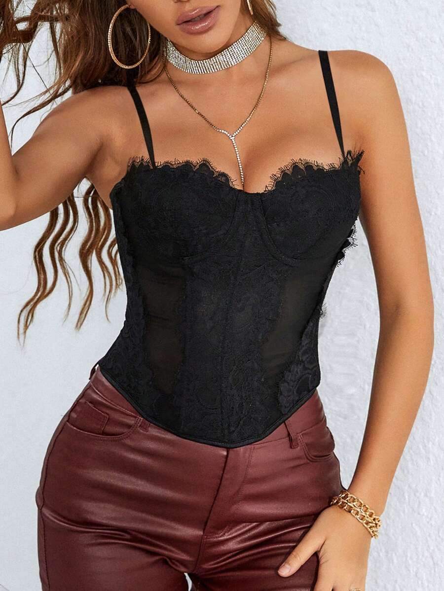 Contrast Mesh Grommet Lace Up Bustier Curved Hem Corset Cami Top - Black - View 1